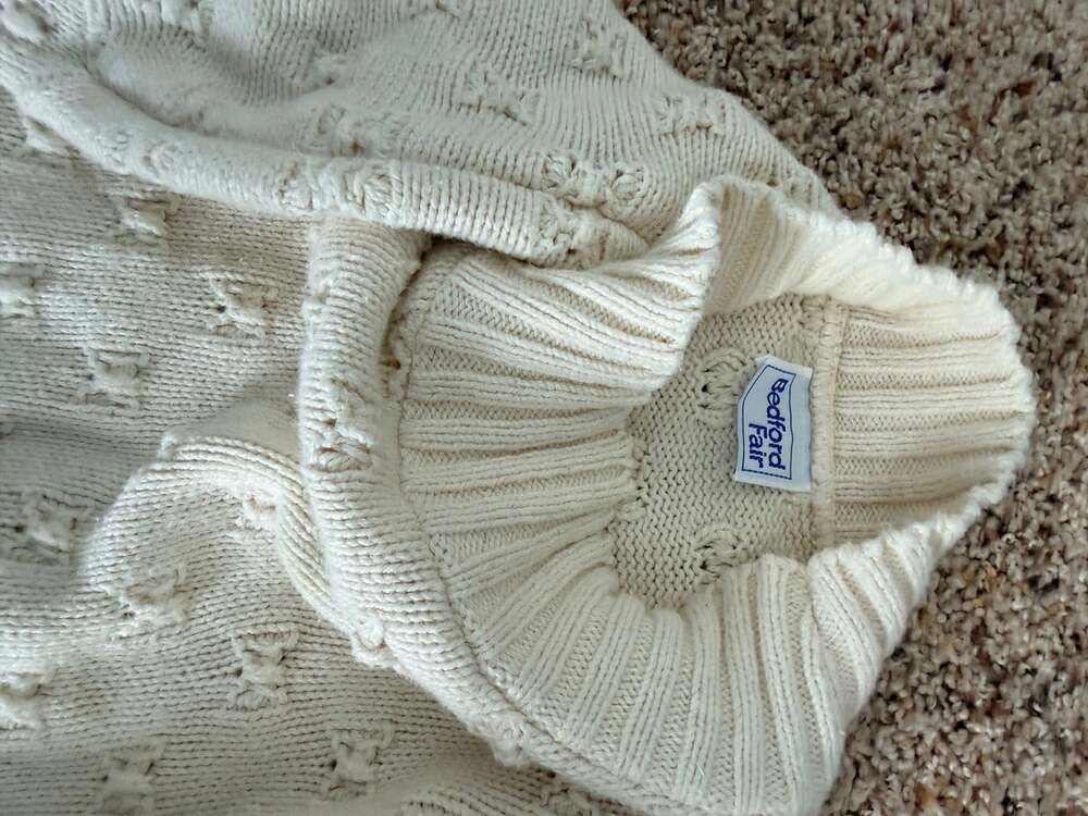 Vintage Bedford Fair Cream 100% Cotton Pointelle Knit Sweater Turtleneck USA